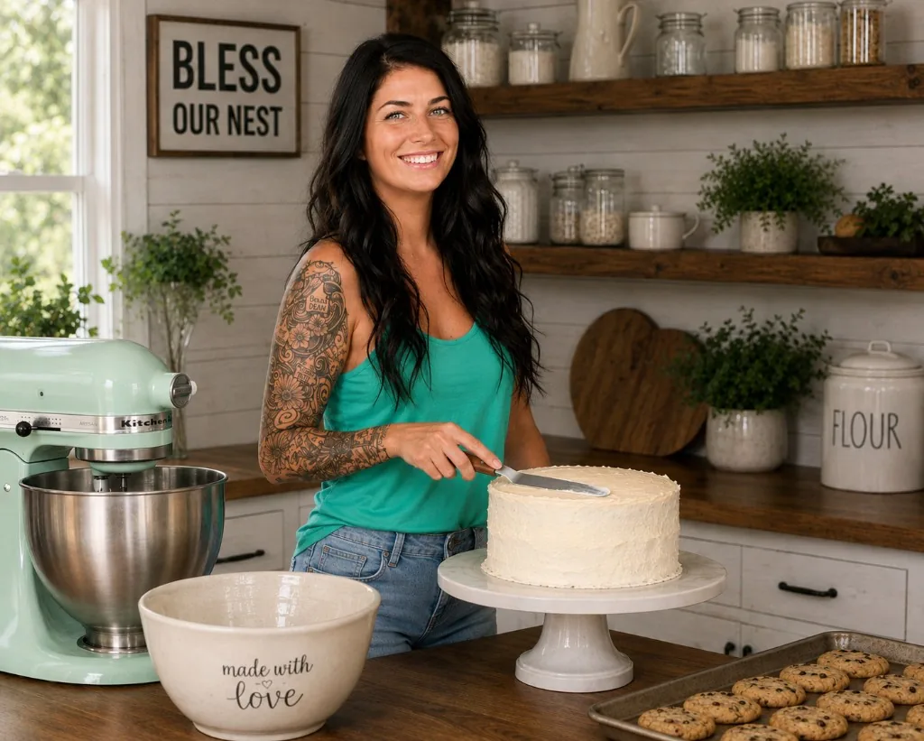 Ashley frosting a cake in her kitchen, with cookies and a stand mixer beside her
