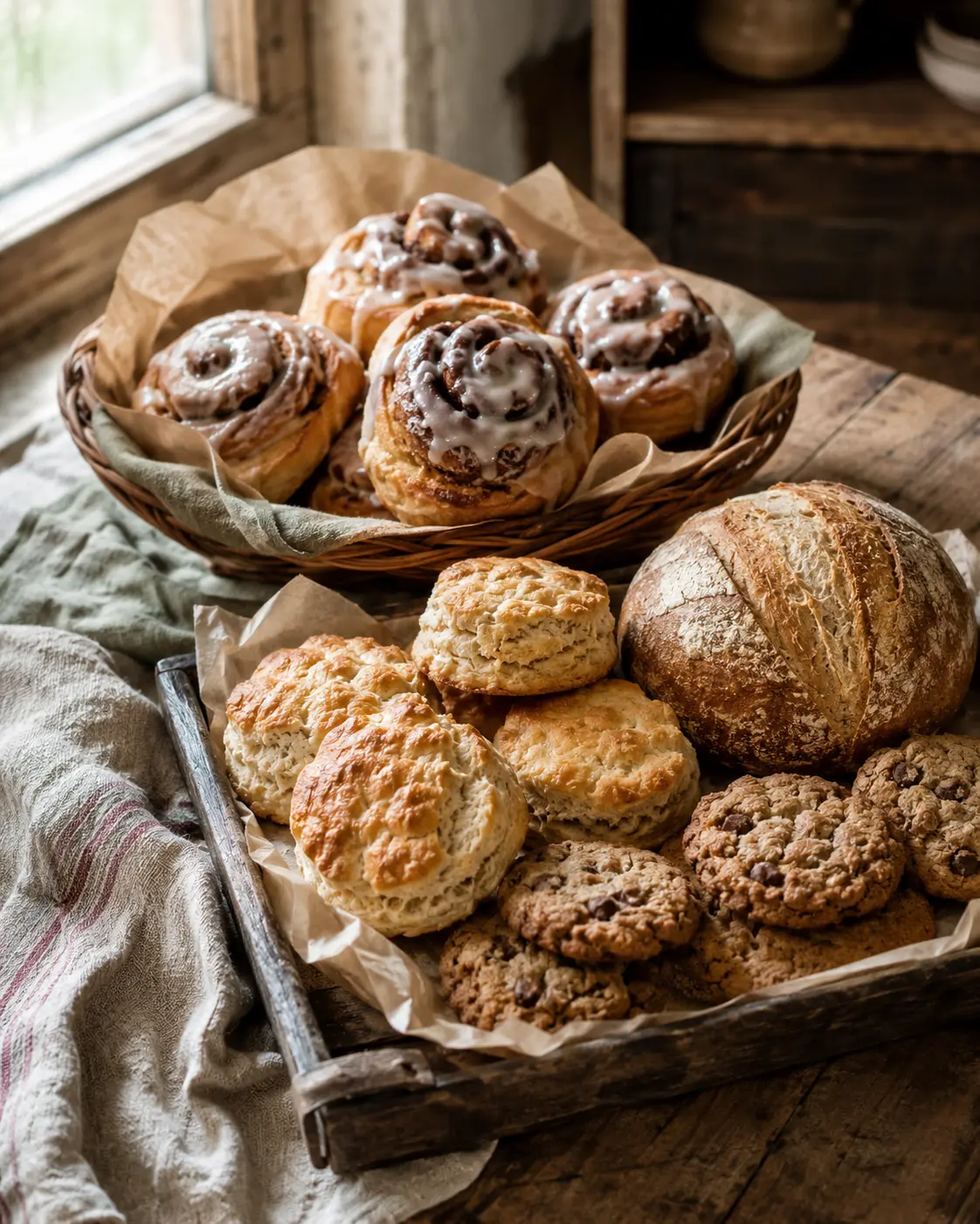 Basket of cinnamon rolls with biscuits, bread and chocolate-chip cookies