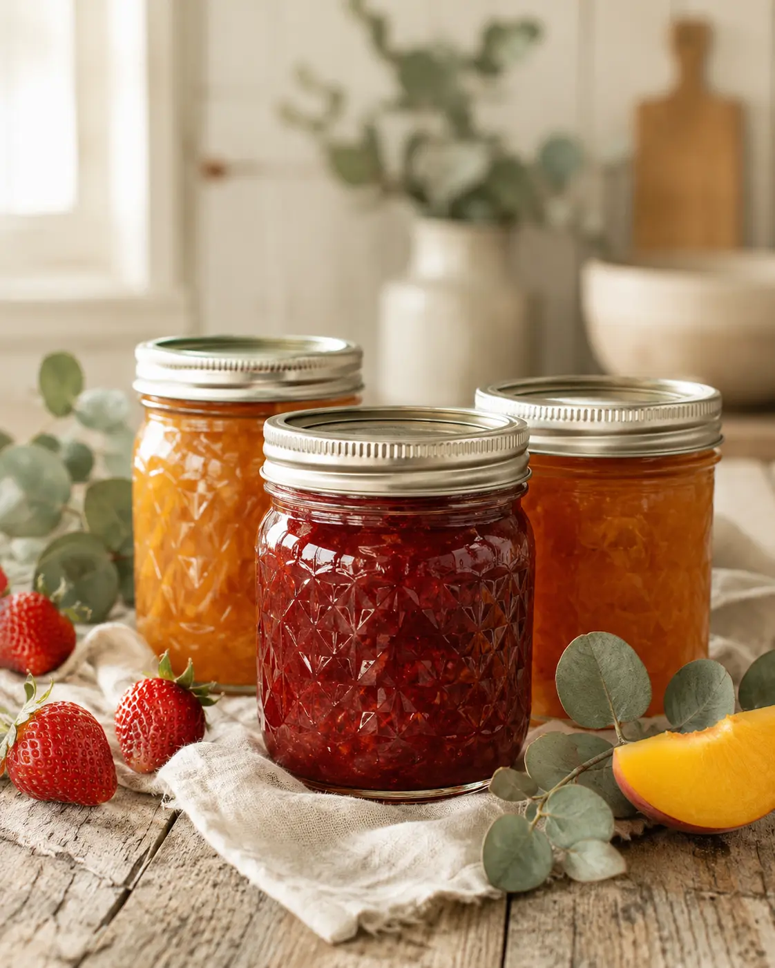 Small-batch strawberry, peach and raspberry preserves in glass mason jars
